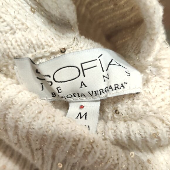 Sofia Jeans M Cream Cable Knit Cold Shoulder Turtleneck Sweater Metallic Sequins - Picture 7 of 16